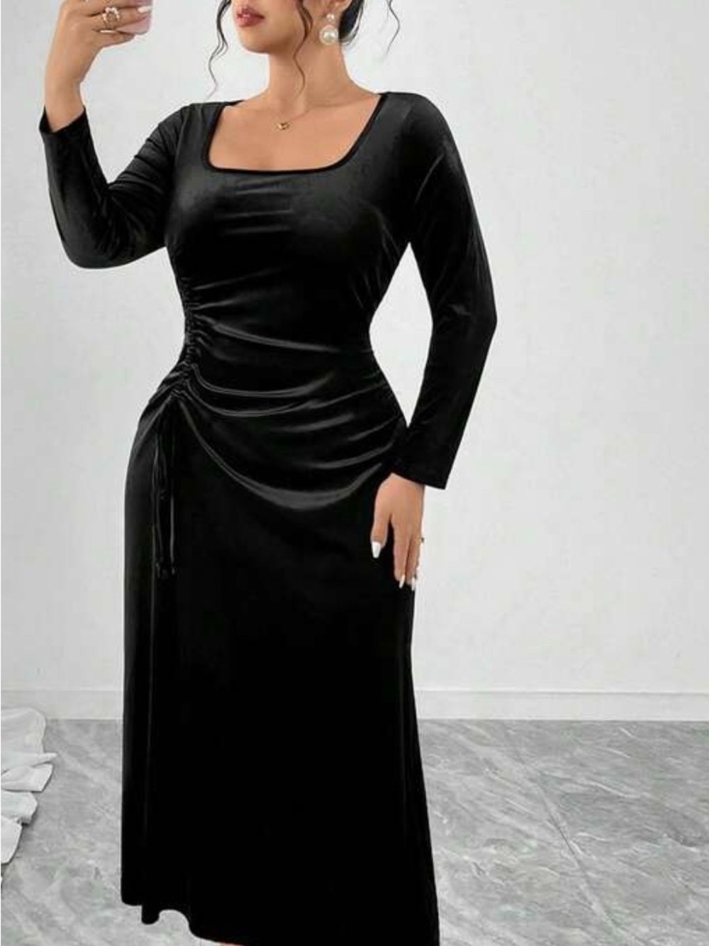 Elegant Black Long Sleeve Ruched Maxi Dress